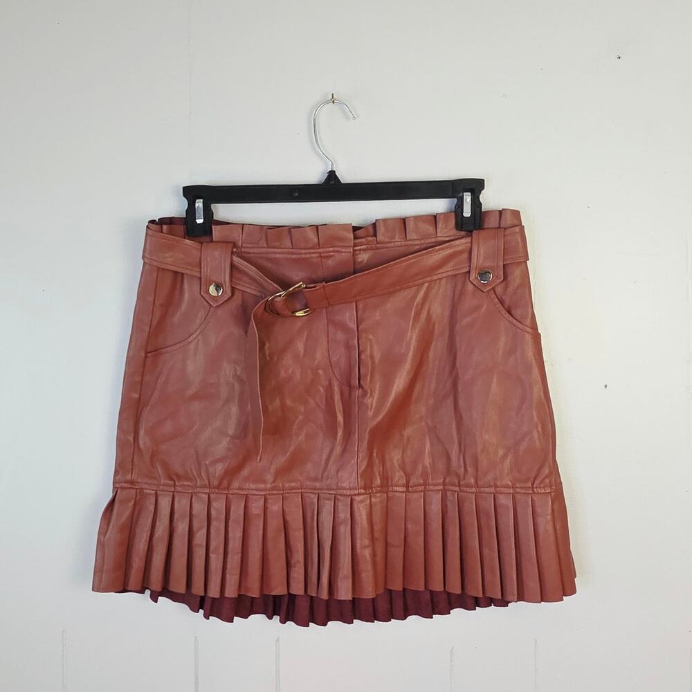 Zara Faux Leather Mini Skirt XL Rust Brown Pleated Belted Academia Fall Preppy